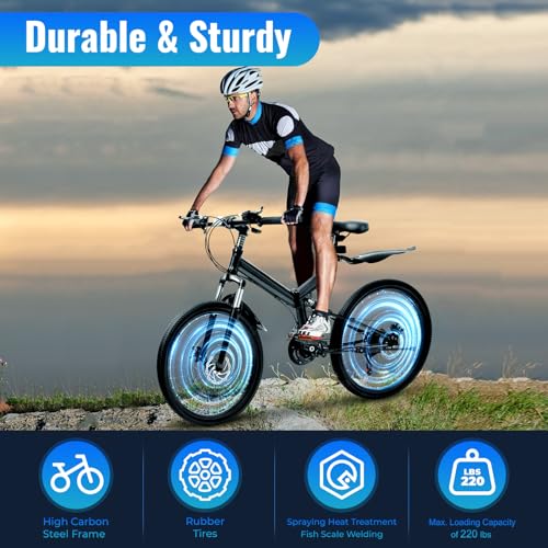 Futchoy 26 Inch Folding Mountain Bike for Adults 21 Speed Mountain Trail Bike with Dual Disc Brakes Foldable Mountain Bike High-carbon Steel Frame Full Suspension Folding Bike (Black)