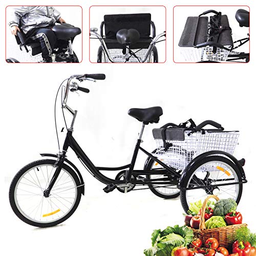 20 Inch Tricycle for Adults Gearless Aluminium Adult Bicycle Shopping with Basket Child Seat Single Speed Wheel Bicycle for Adults Comfort Bicycle Outdoor Sports City Urban Black