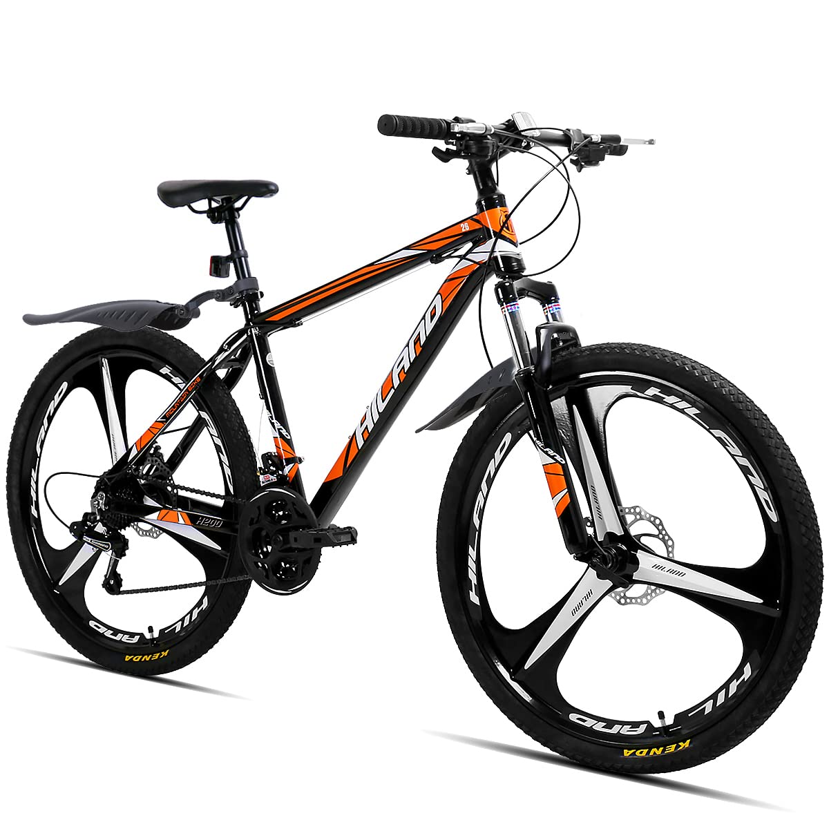 Hiland Mountain Bike, 21 Speeds Drivetrain, 3 Spokes Aluminum Frame 26 Inch Wheels, Disc-Brake Bike for Men Women Men's MTB Bicycle, Orange