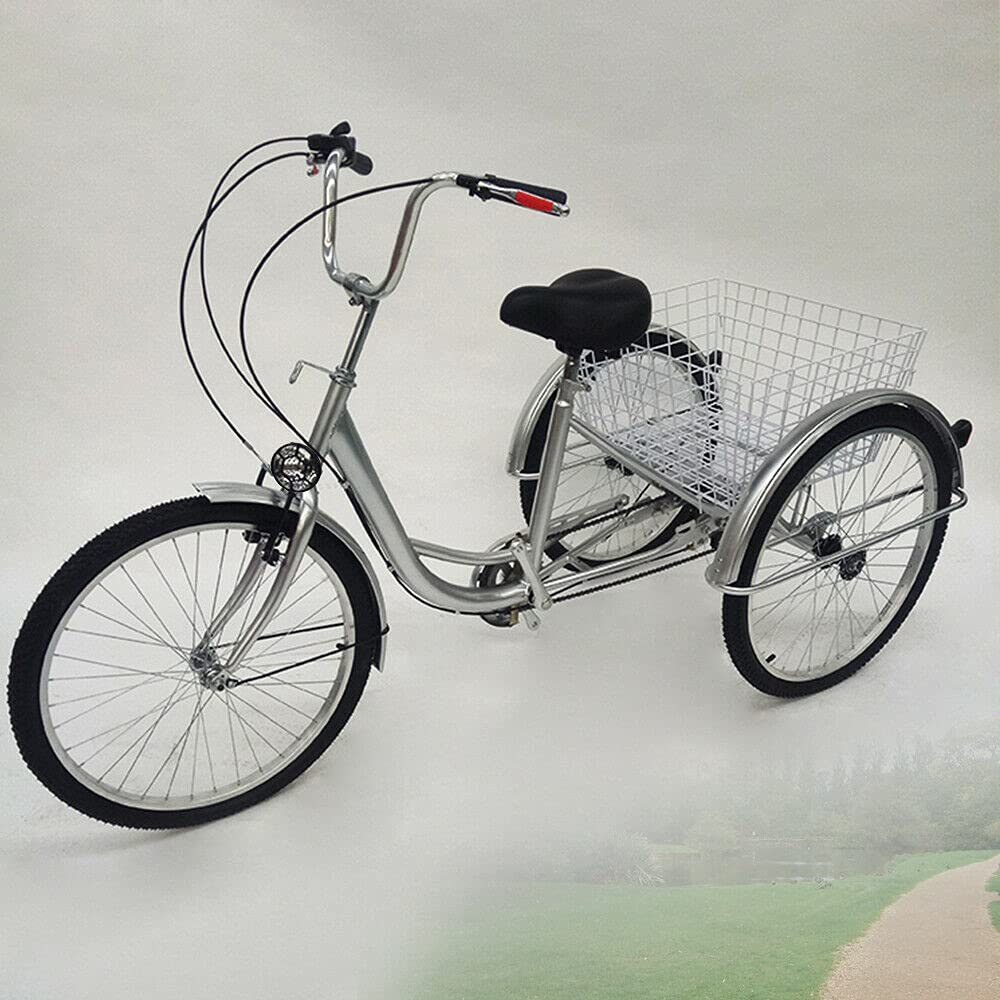 ROMYIX 24" 6 Speed Adult Tricycle Bike 3-Wheel Bike, Cargo Trike Cruiser Cycling Tricycle for Outdoor Sports (Silver)