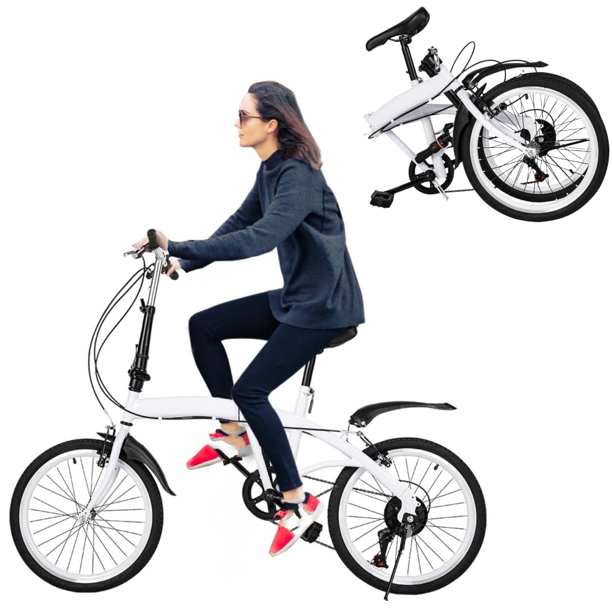 Chynalys 20 Inch Folding Bike Adult, 6 Speed Mountain Bike, Adjustable Height Foldable Bike, Light Weight Folding Bike for Adult Men and Women Teens City Bike for Children, Double V Brake, White