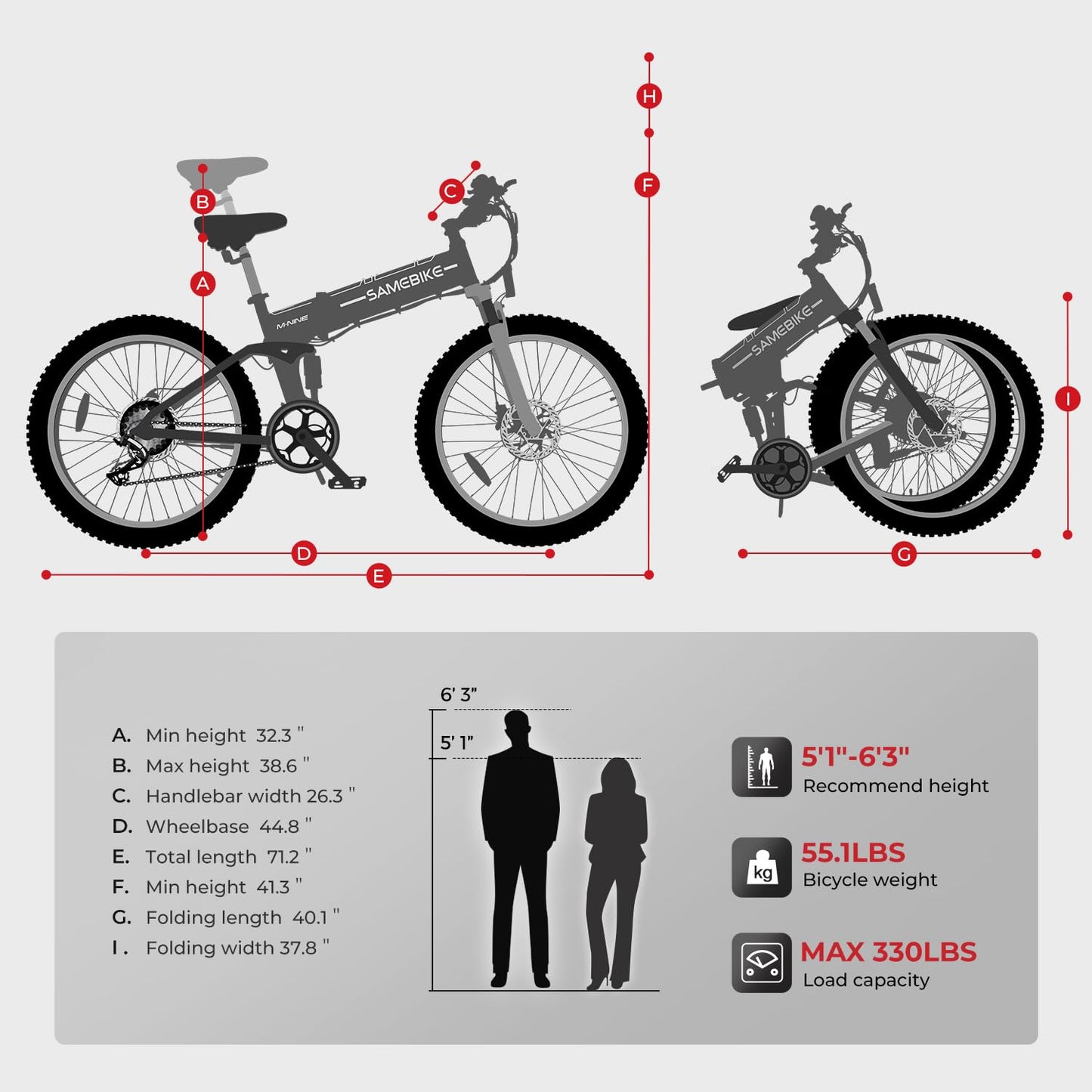 SAMEBIKE Electric Bike For Adults, 48V 14AH Removable Battery Folding Full Suspension Softtail Mountain Ebike Wtih High-speed Motor 20 * 2.35 inches Tyre, Long range 25 miles, 7 Speed Flywheels