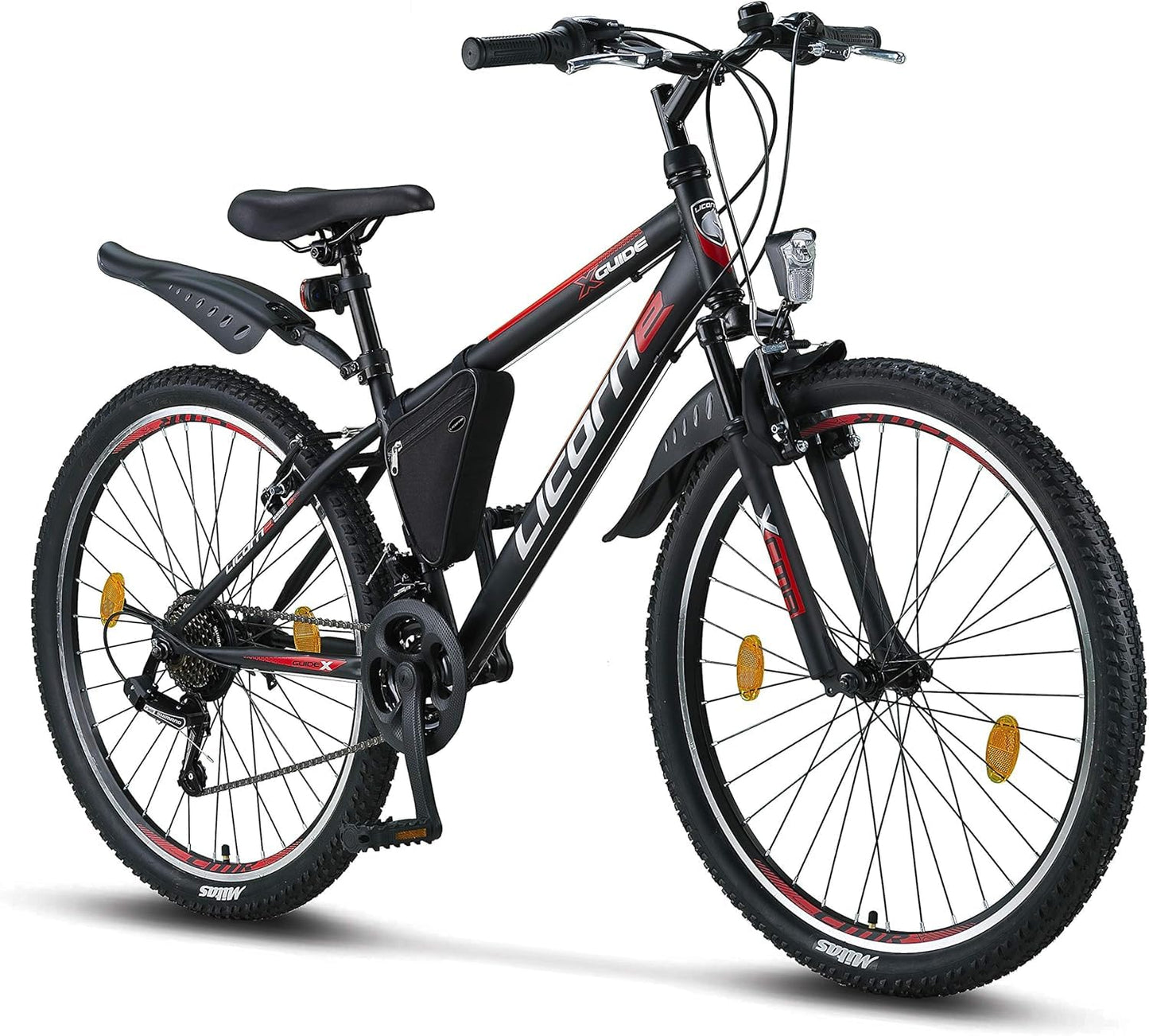 Licorne Bike Effect Premium Mountain Bike 26 inch Wheels Black, Red & Grey – Bicycle for Boys, Girls, Men and Women –21 Gear Speed – Front Suspension Mountain Bike