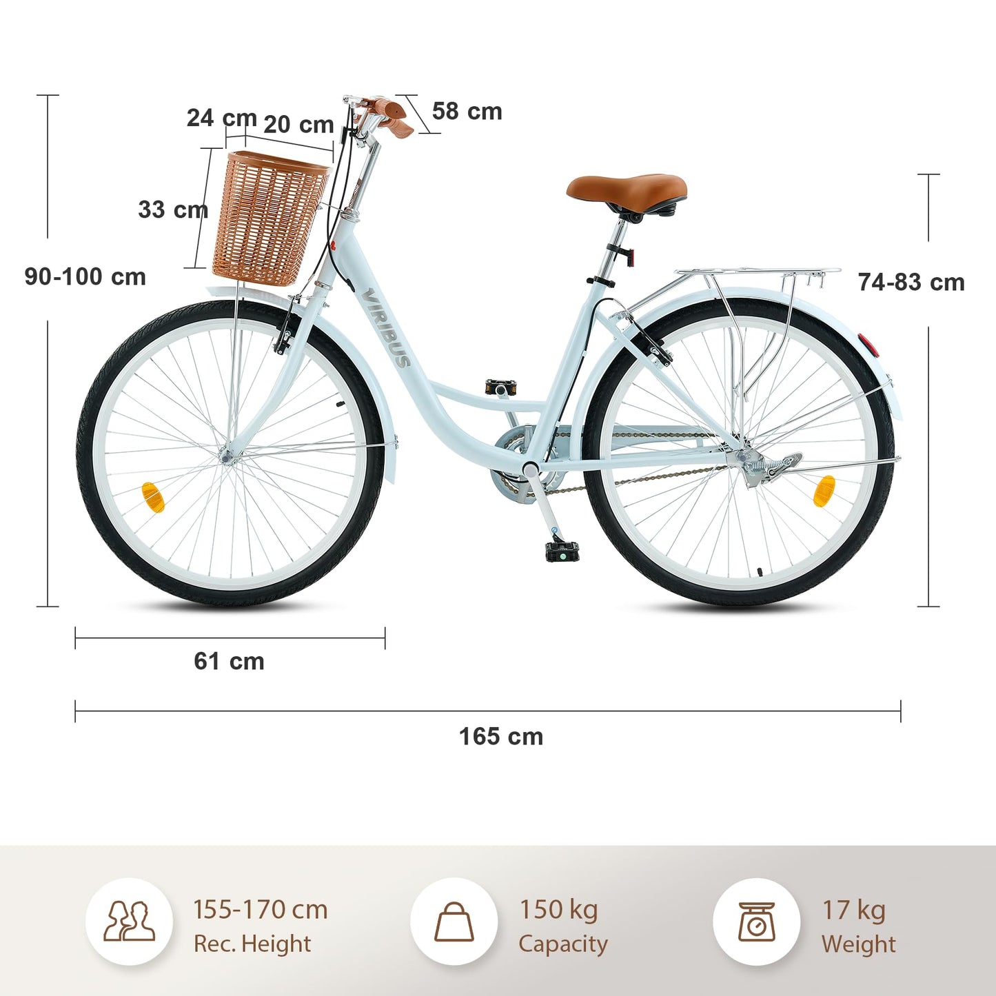 Viribus 24 Inch Vintage Ladies Bike with Basket, Girl's Bike Dutch Style City Bicycle with Carbon Steel Frame Dual V Brakes, Single Speed Women's Comfort Bike w Adjustable Seat and Handlebars, Mint