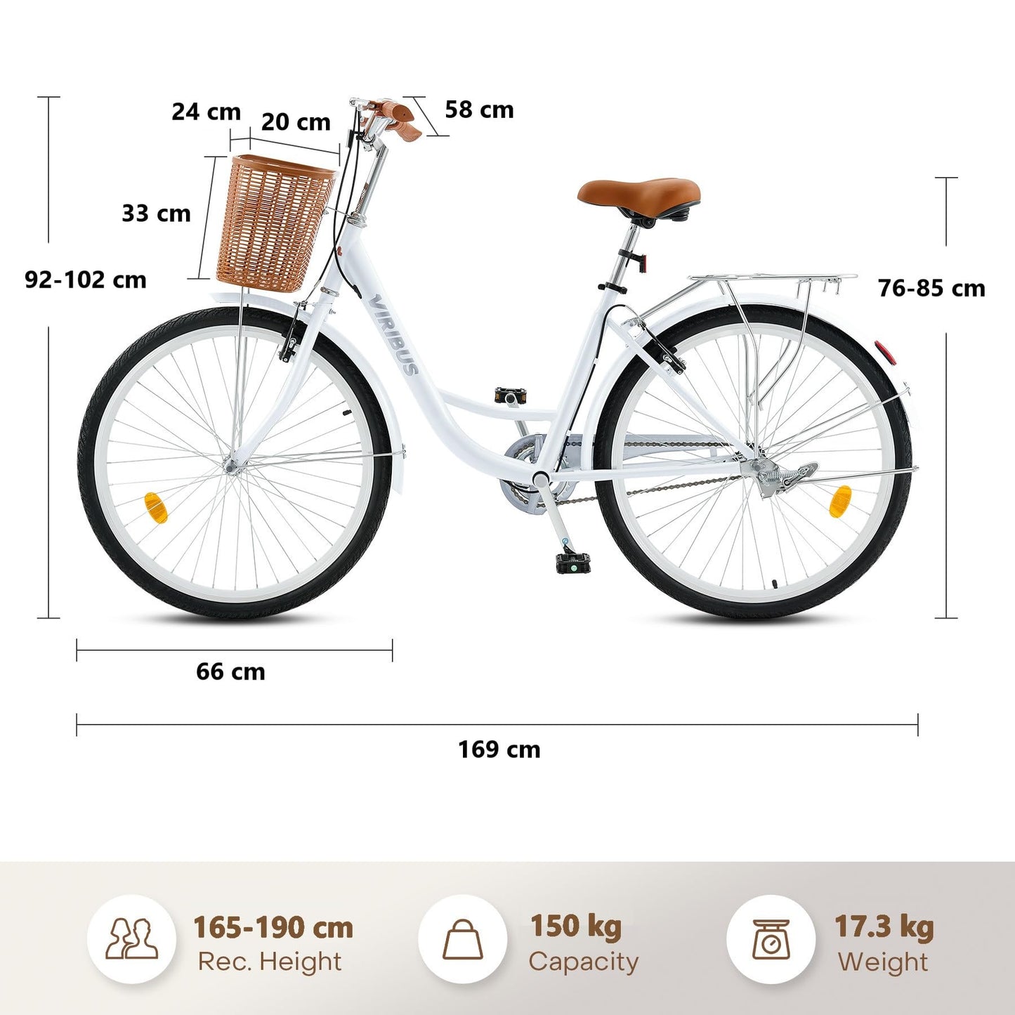 Viribus Vintage Ladies Bike with Basket, 26 Inch Girl’s Bike Dutch Style City Bicycle with Carbon Steel Frame Dual V Brakes, Single Speed Women’s Comfort Bike with Adjustable Seat & Handlebars, White