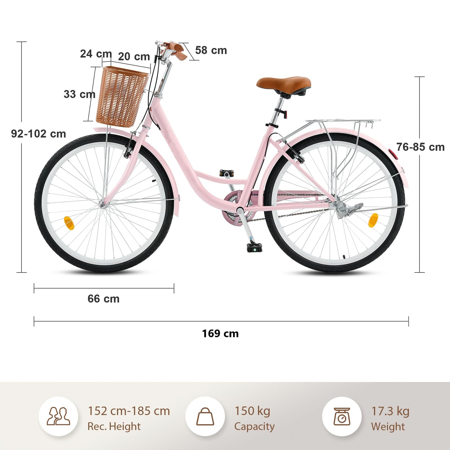 CO-Z Womens Cruiser Bike, 26 Inch Womens Bike with Basket, Beach Cruiser Bike for Short Women with Rear Rack, Adjustable Step Through Bike, Commute Bike Bicycle for Women Ladies Girls Adults, Pink