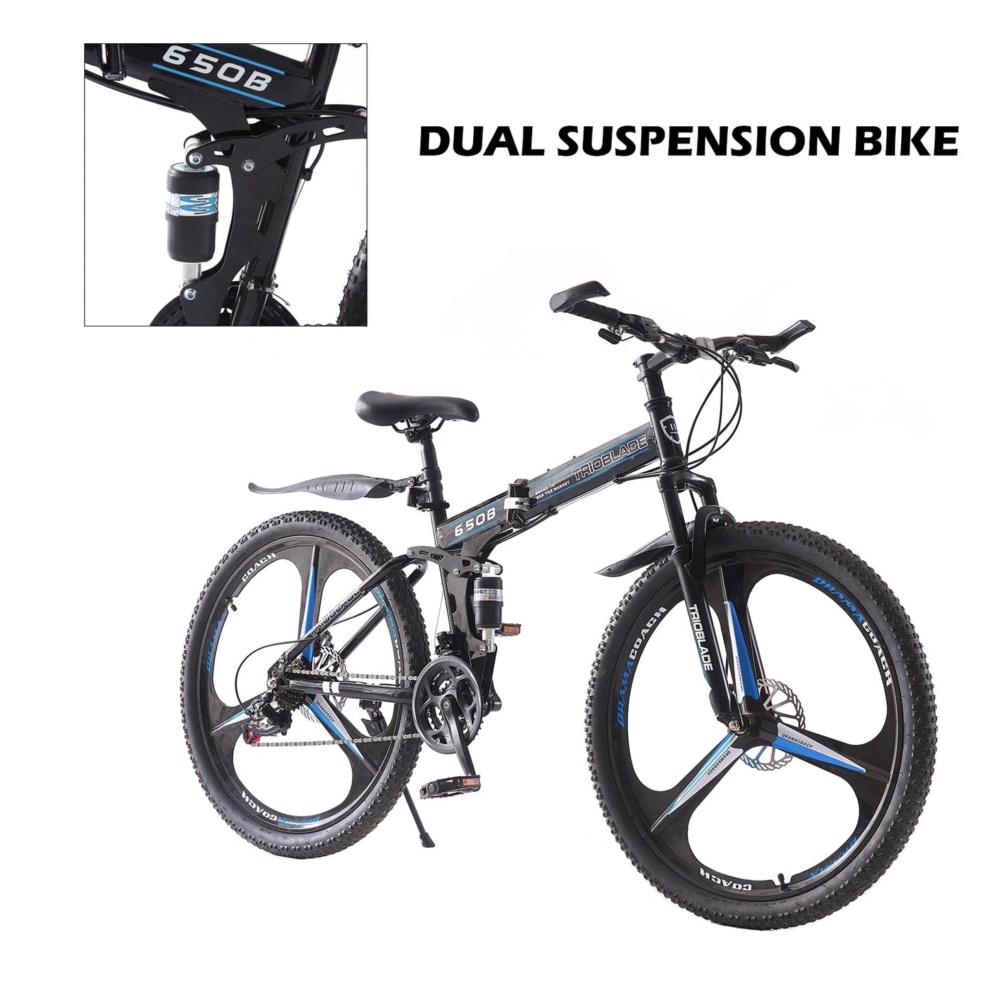 TRIOBLADE 26 Inch Folding Mountain Bike 21-Speed Shimano Foldable Mountain Bicycle with Dual Disc Brakes 3 Spoke Wheels Mountain Bikes,Dual Suspension Design for Adult Men Women (26" - Black& Blue)