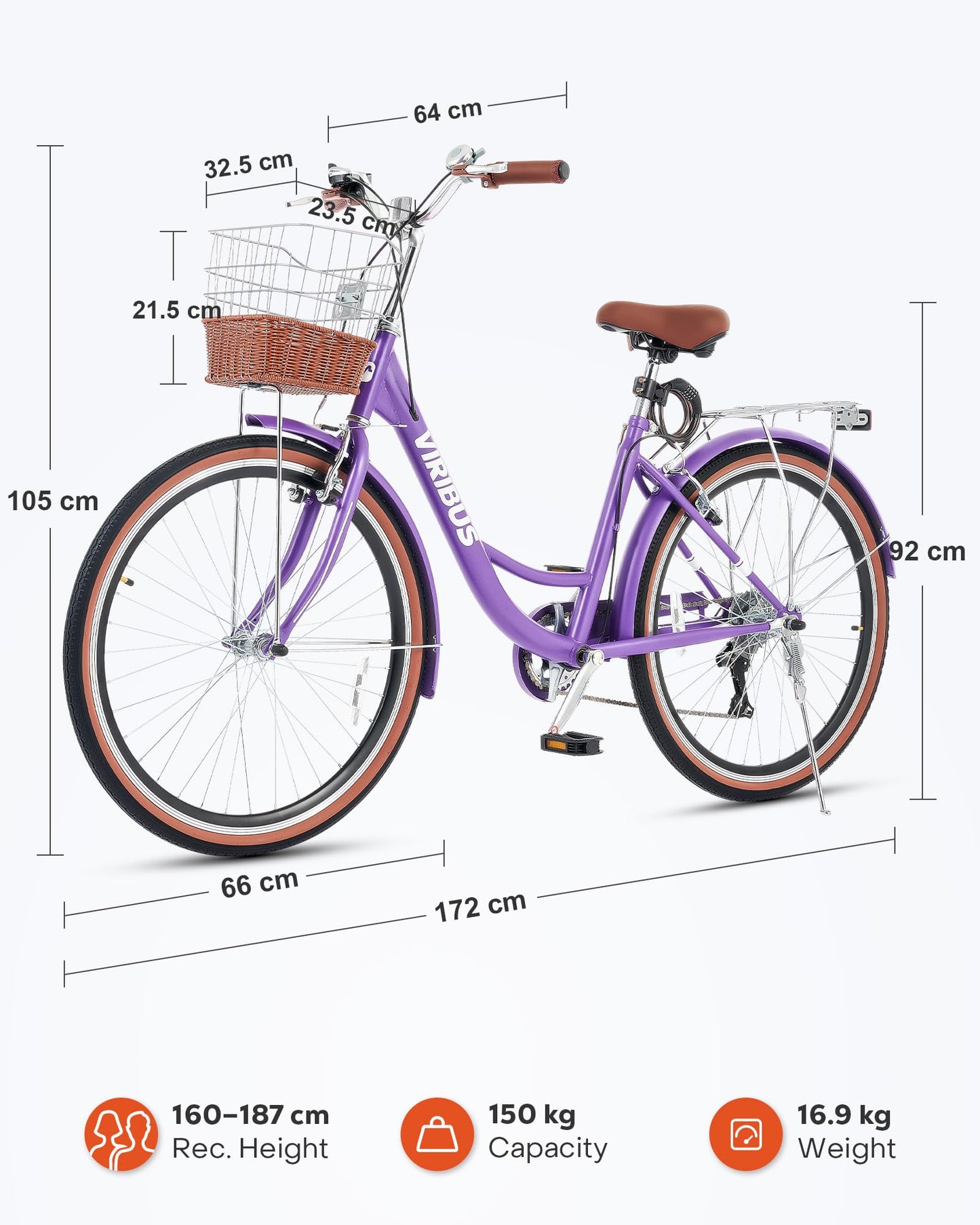 Viribus Women’s Cruiser Bike, 66 cm 7 Speed Bicycle for Women, Beach & City Cruiser Bike with Shimano Derailleur Rattan Basket Steel Rack, Step Through Bike for Women Adults, Purple