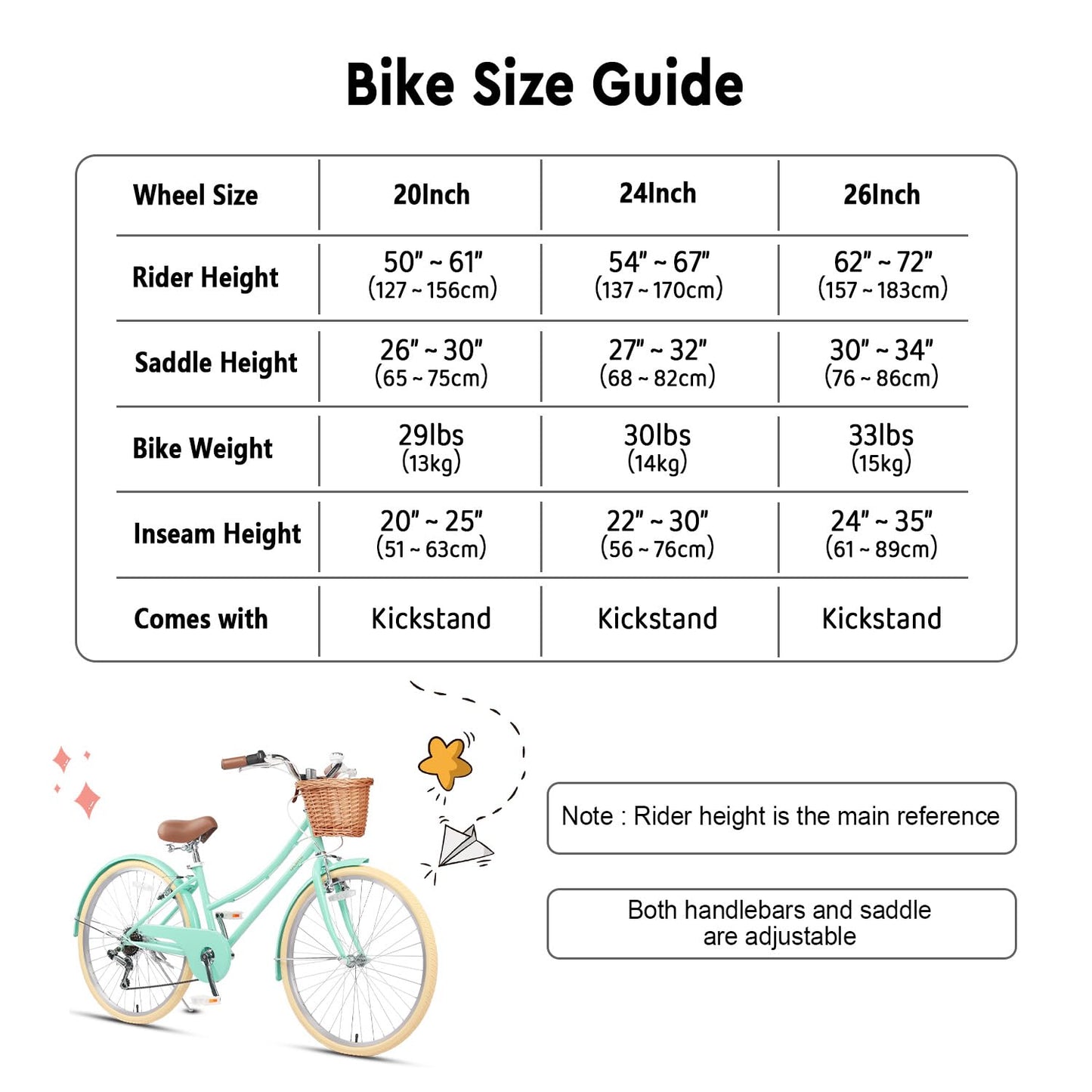 Glerc Missy 26" inch Girl Cruiser Youth Teen Woman Bike 6-Speed Teen Hybrid City Bicycle for Youth Ages 14 15 16 17 18 19 20 Years Old with Wicker Basket & Lightweight, Mint Green