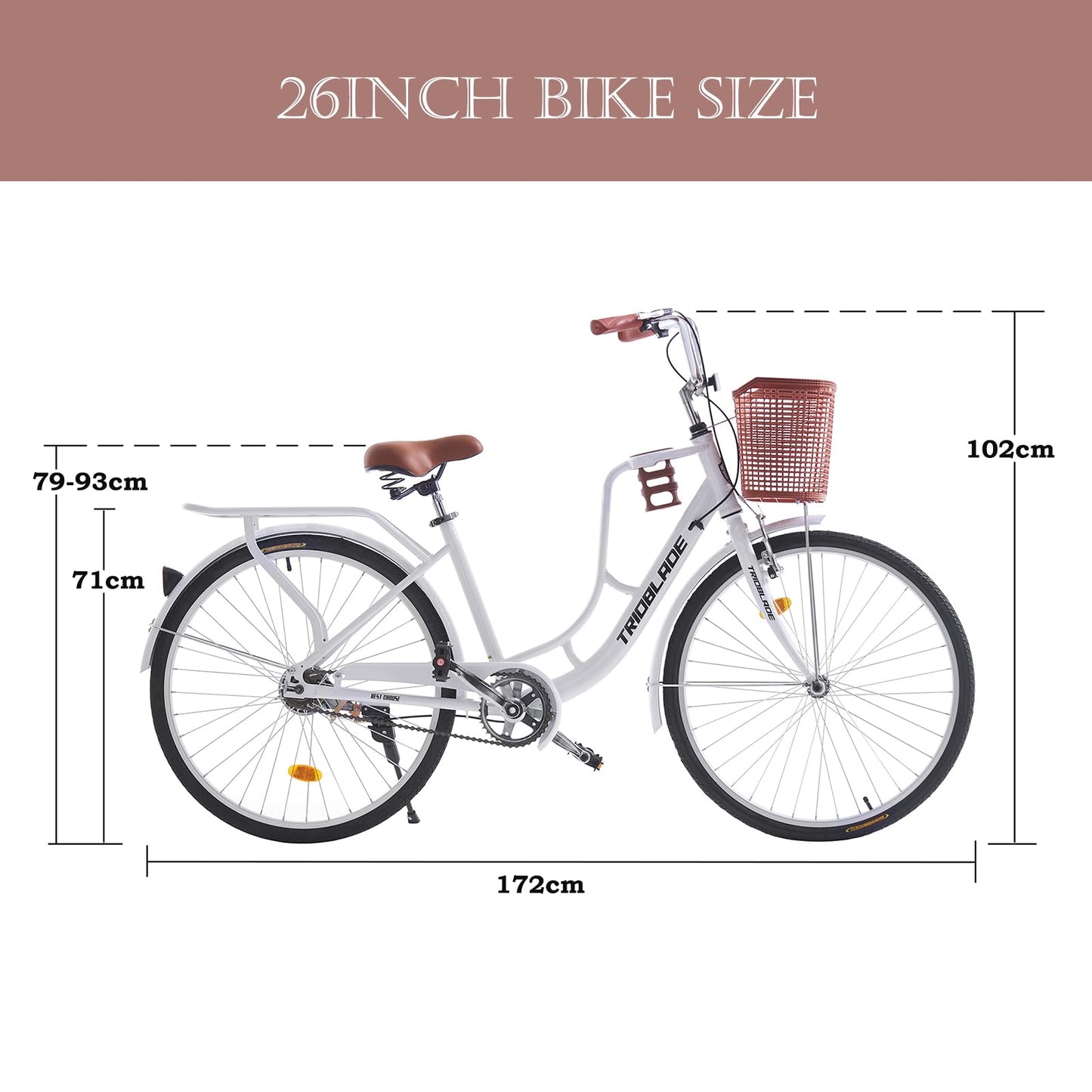 BSTSEL 26 Inch Wheels Vintage bike Fabric Bike City Classic Bicycle, Retro Bicycle With 1 Speed Shimano Gears, Sprung Saddle, Rack And Front Basket Formal Road Bike For Woman (White)