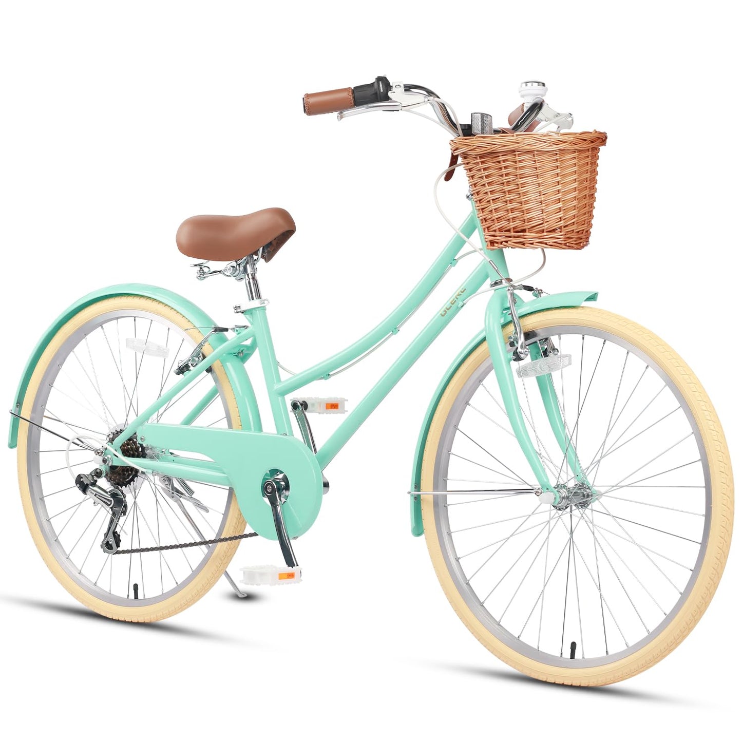 Glerc Missy 26" inch Girl Cruiser Youth Teen Woman Bike 6-Speed Teen Hybrid City Bicycle for Youth Ages 14 15 16 17 18 19 20 Years Old with Wicker Basket & Lightweight, Mint Green