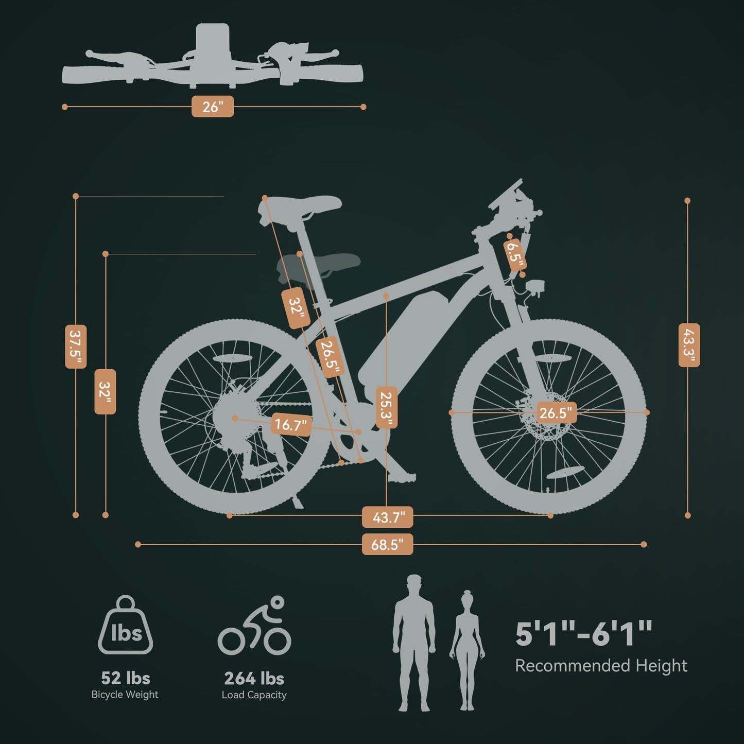 ESKUTE M100 Electric Bike, 27.5" Electric Mountain Bike, 250W Brushless Motor, 36V 10.4Ah Removable Battery, LCD Display, E-MTB E-bike Electric Bicycle For Adults Men Women