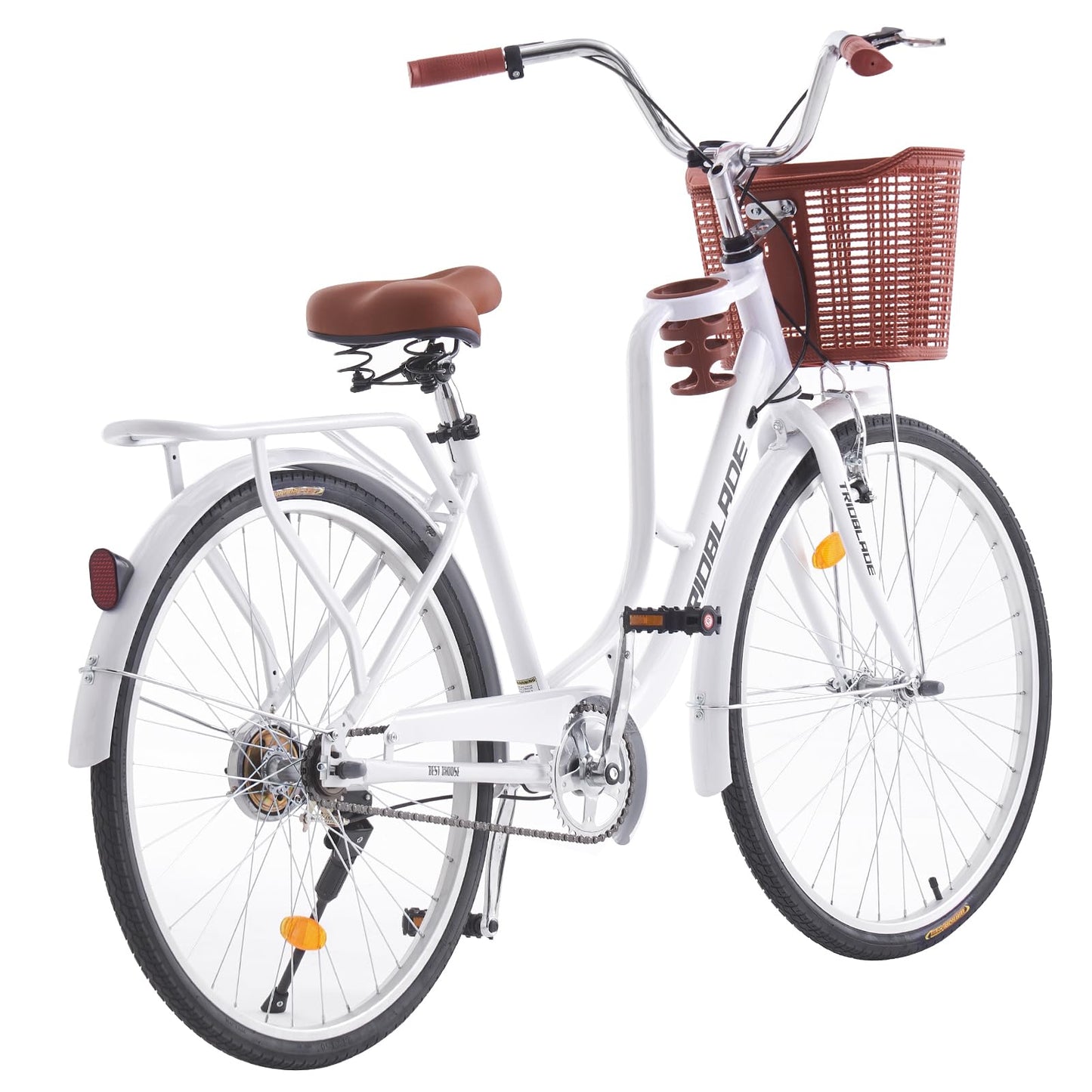 BSTSEL 26 Inch Wheels Vintage bike Fabric Bike City Classic Bicycle, Retro Bicycle With 1 Speed Shimano Gears, Sprung Saddle, Rack And Front Basket Formal Road Bike For Woman (White)