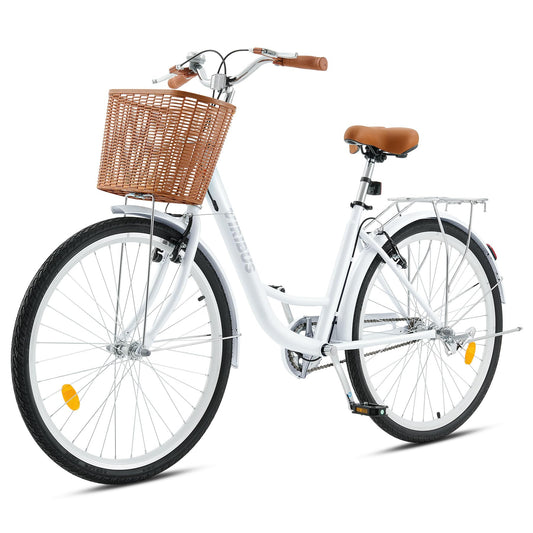 Viribus Vintage Ladies Bike with Basket, 26 Inch Girl’s Bike Dutch Style City Bicycle with Carbon Steel Frame Dual V Brakes, Single Speed Women’s Comfort Bike with Adjustable Seat & Handlebars, White