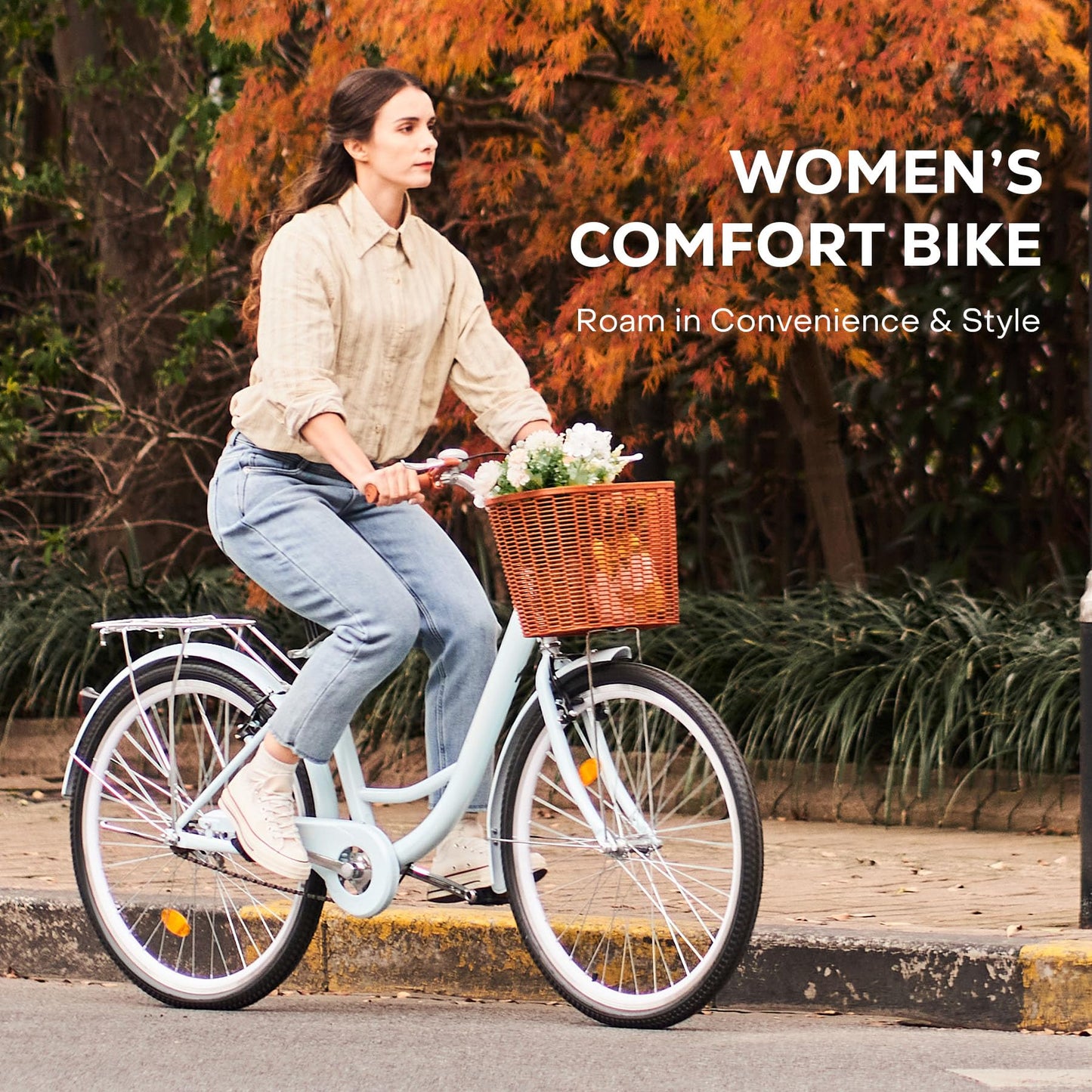 Viribus 24 Inch Vintage Ladies Bike with Basket, Girl's Bike Dutch Style City Bicycle with Carbon Steel Frame Dual V Brakes, Single Speed Women's Comfort Bike w Adjustable Seat and Handlebars, Mint