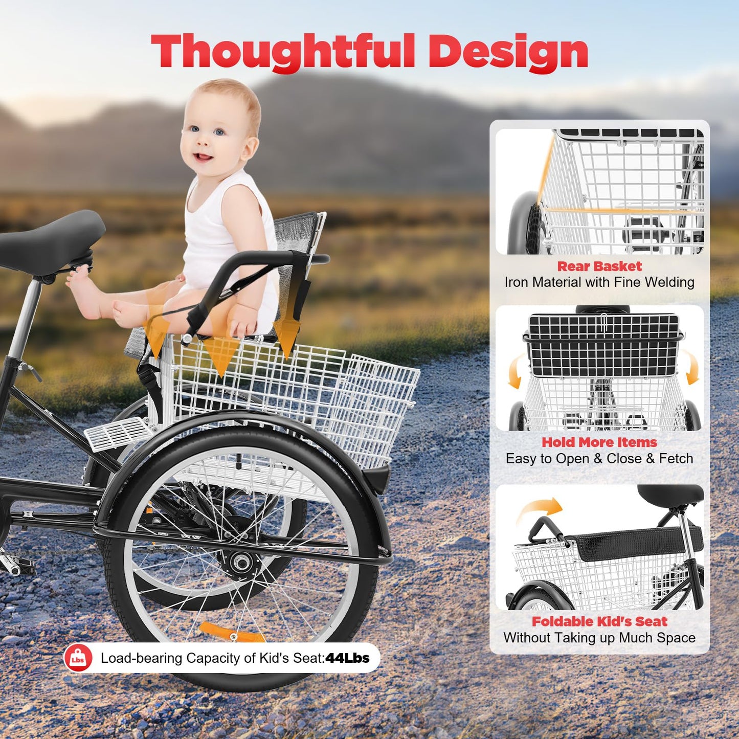 MEHOOSPVN Tricycle Adult 20 Inch Child Seat, Folding Back Basket, Height Adjustable, 1 Speed, Carbon Steel 3 Wheel Bike, Wheel Diameter 50cm, Dual Brake System, Cargo Tricycle Cruising Bike Tricycle